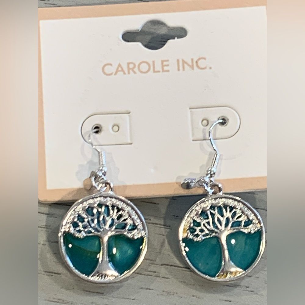 Carole Inc. Silver and Teal Tree of Life Earrings